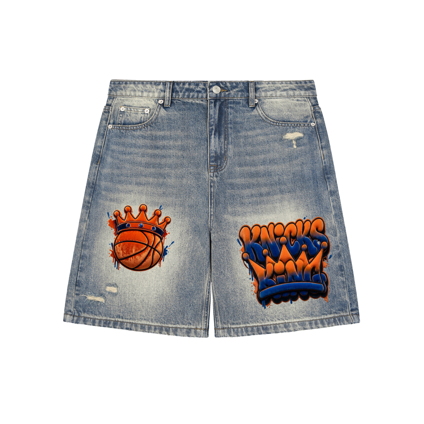 Men's NY Knicks Faded Distressed Baggy Denim Shorts